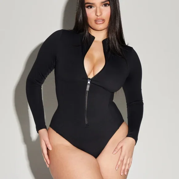 TA3 Surfy Elegant Black Zip Long Sleeve Bodysuit Shapewear One Piece Swim Suit L - Picture 4 of 7
